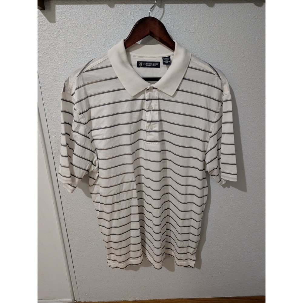 Oxford Golf Super Dry Mens Polo Shirt Size L White Grey Stripes Cotton Preppy